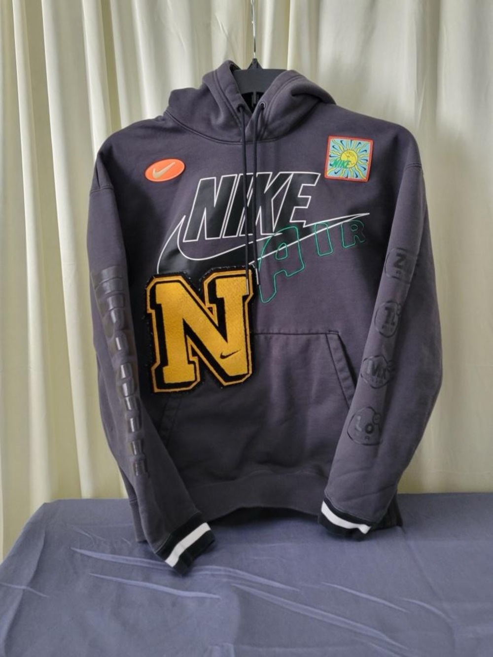 Nike Men's Dark Gray Hoodie with Yellow Patch and Multicolor Accents
